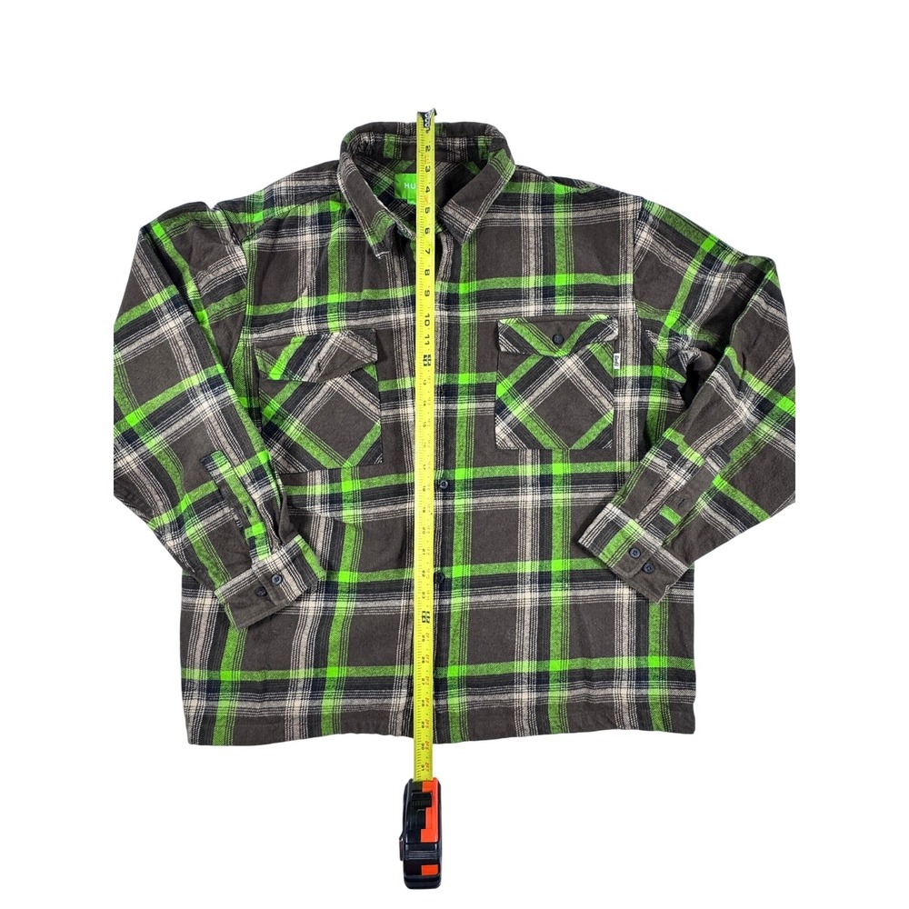 HUF Plaid Flannel Shirt / Jacket Men's XL Long Sleeve Green Black Button Up - Picture 3 of 7